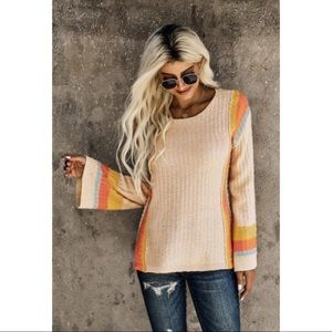 Apricot Colorblock Bell Sleeve Lightweight Sweater